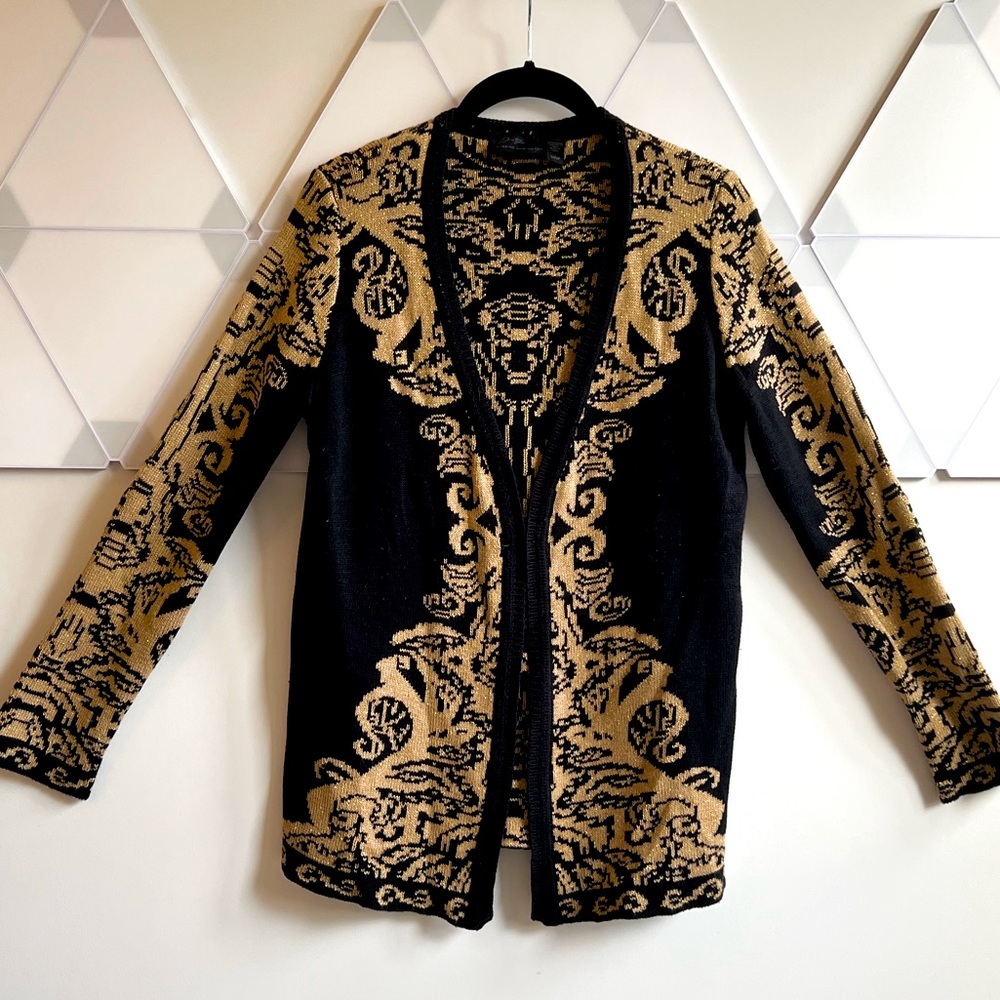 Black and Gold Knit Glitter Filigree Cardigan Sweater - S